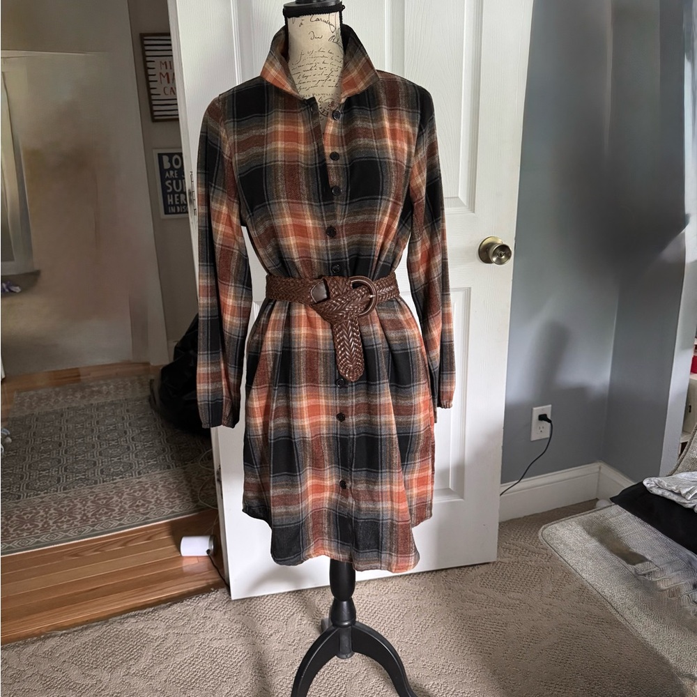 Plaid Button-Up Shirt Dress with Belt